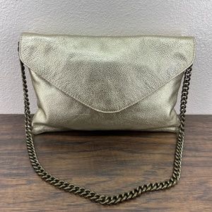J. Crew Gold Pebble Grain Leather Flap Envelope Clutch Purse Chain Strap Bag